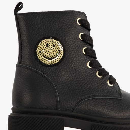Leren meisjes veterboots zwart met smiley