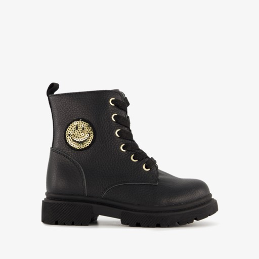 Leren meisjes veterboots zwart met smiley