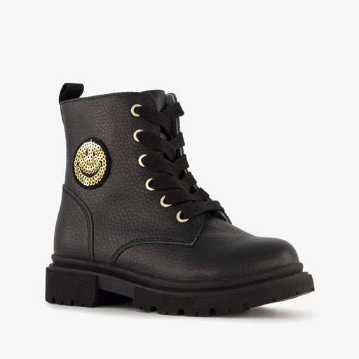 Leren meisjes veterboots zwart met smiley