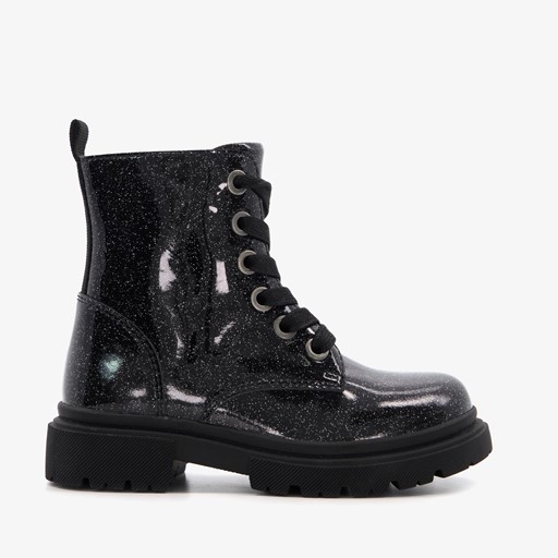 Leren meisjes veterboots met glitter zwart