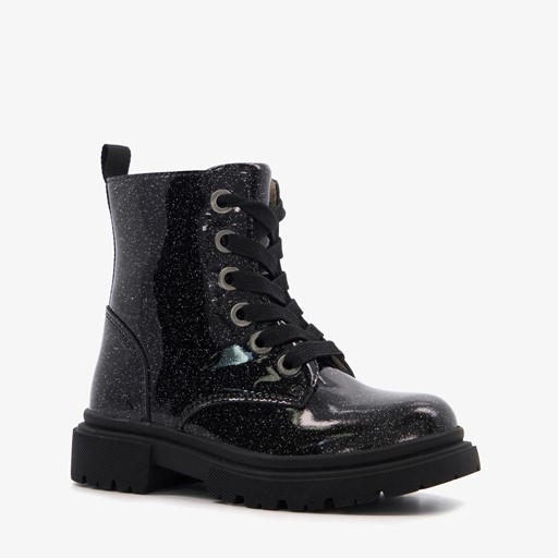Leren meisjes veterboots met glitter zwart