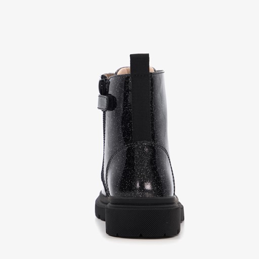 Leren meisjes veterboots met glitter zwart