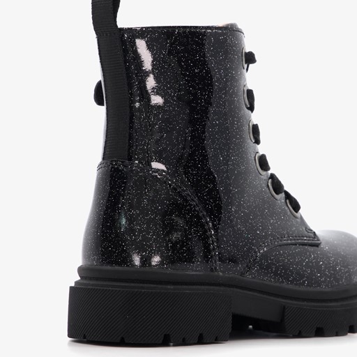 Leren meisjes veterboots met glitter zwart