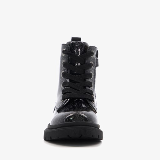 Leren meisjes veterboots met glitter zwart