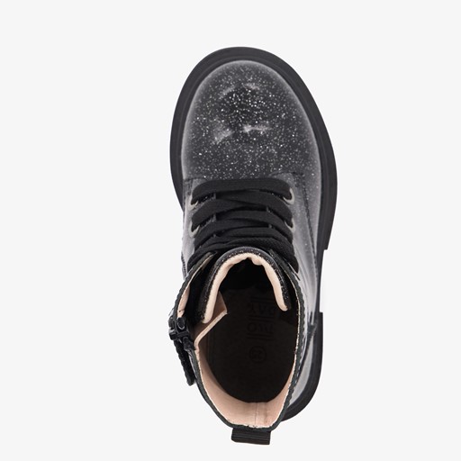 Leren meisjes veterboots met glitter zwart