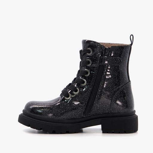 Leren meisjes veterboots met glitter zwart