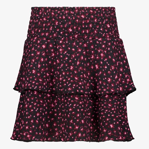 Meisjes rok met ruches en print zwart roze