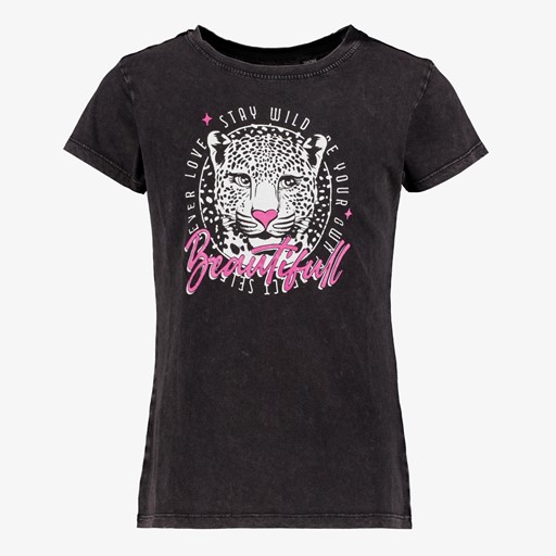 Meisjes T-shirt acid wash met tijgerkop