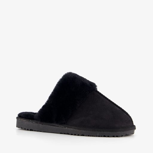 Dames sloffen met imitatiebont zwart