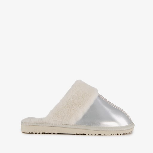 Dames sloffen met imitatiebont zilver