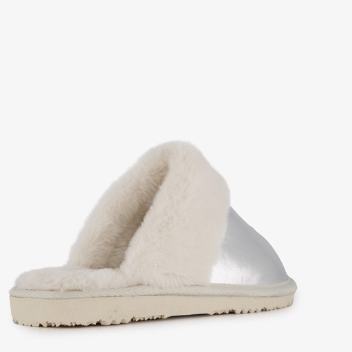 Dames sloffen met imitatiebont zilver