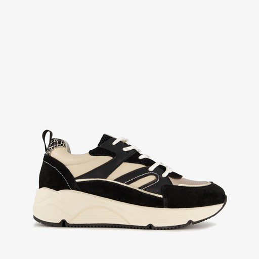 Leren dames dad sneakers zwart beige