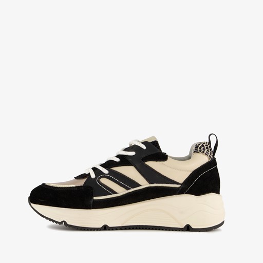 Leren dames dad sneakers zwart beige