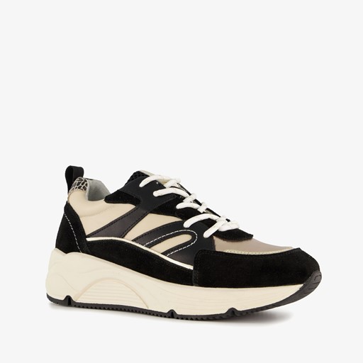 Leren dames dad sneakers zwart beige