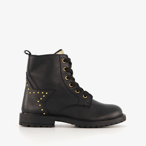 Leren meisjes veterboots met studs zwart