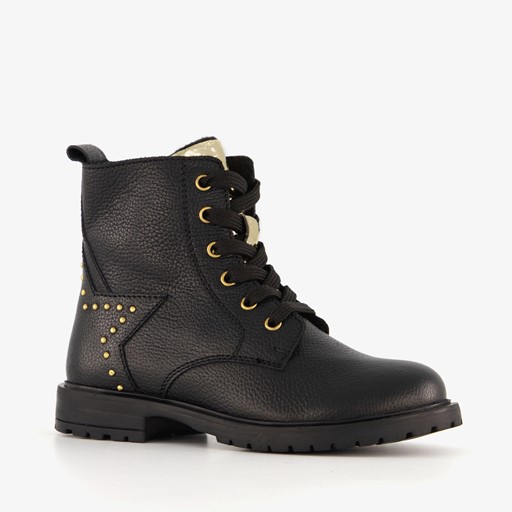 Leren meisjes veterboots met studs zwart