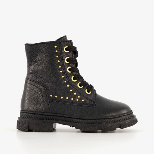 Leren meisjes veterboots met studs zwart