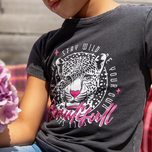 Meisjes T-shirt acid wash met tijgerkop