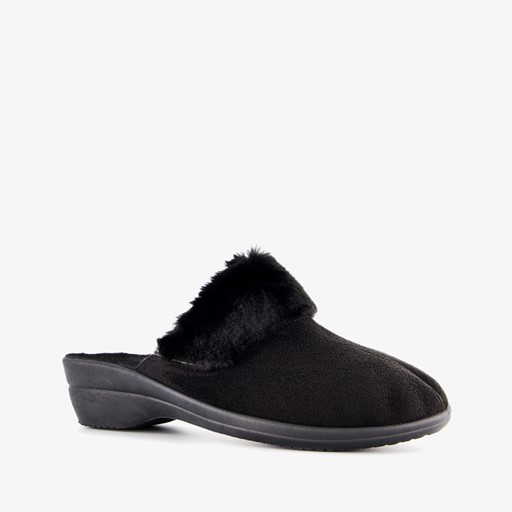 Dames pantoffels met imitatiebont zwart