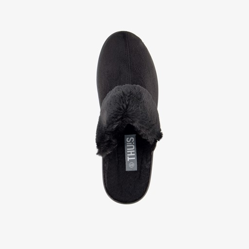 Dames pantoffels met imitatiebont zwart