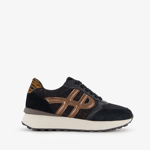 Leren dames sneakers zwart brons