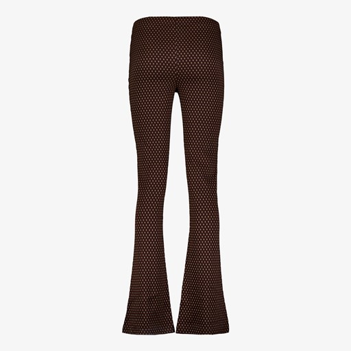 Dames flared broek donkerbruin met print
