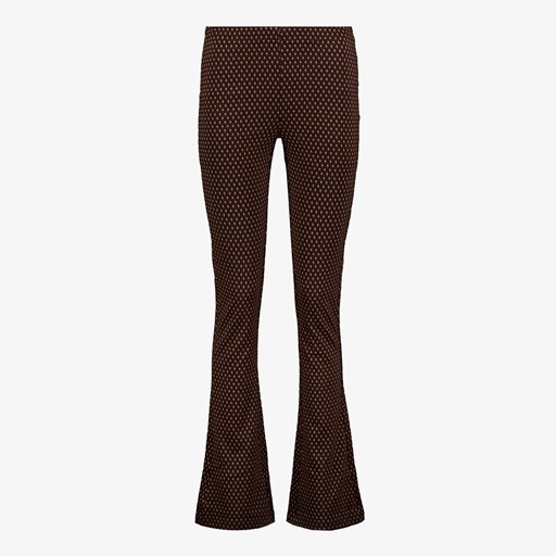 Dames flared broek donkerbruin met print
