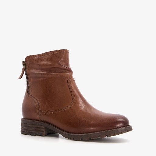 Leren dames enkellaarsjes cognac
