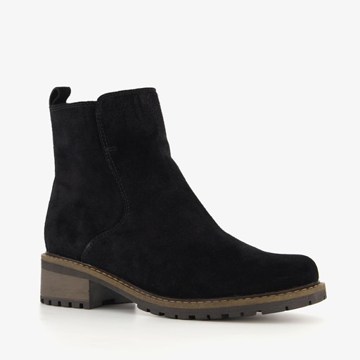 Suede dames enkellaarsjes zwart