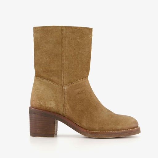 Suede dames enkellaarzen met hak camel