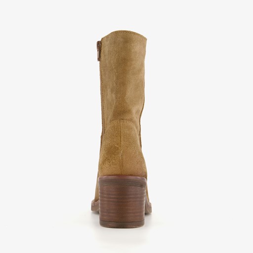 Suede dames enkellaarzen met hak camel