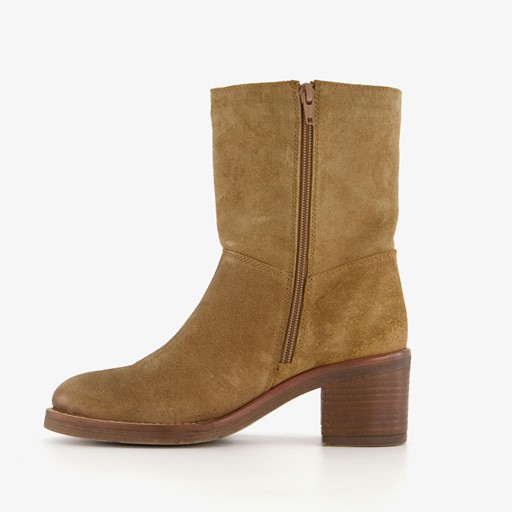 Suede dames enkellaarzen met hak camel