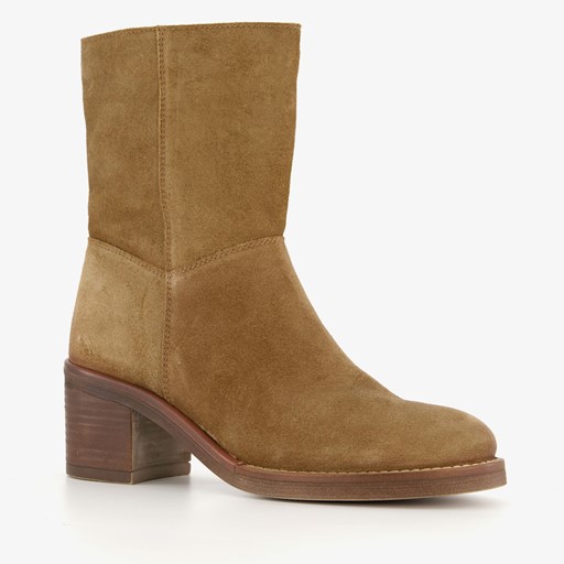 Suede dames enkellaarzen met hak camel