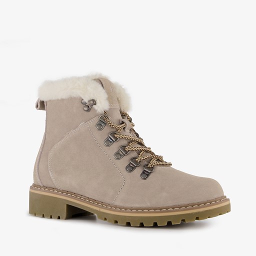Gevoerde suede dames veterboots beige