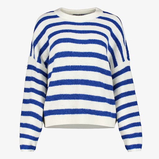 Gebreide dames trui met strepen blauw wit