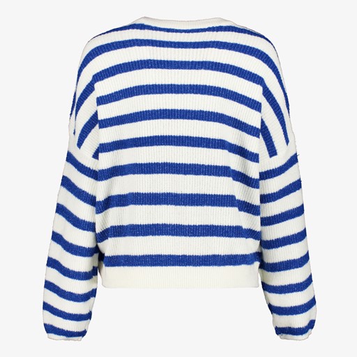 Gebreide dames trui met strepen blauw wit