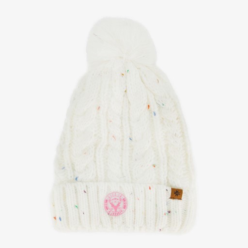 Gebreide meisjes muts met pompon wit