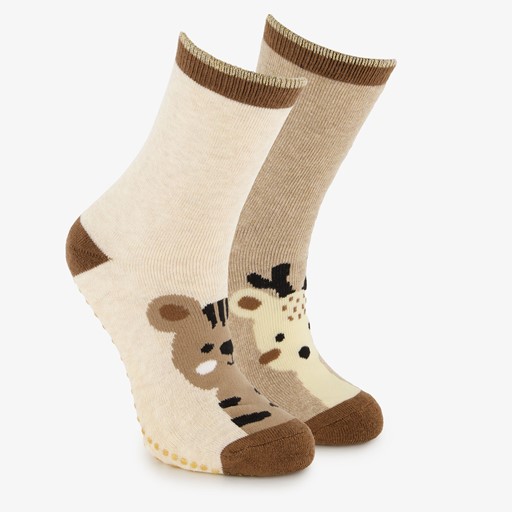 2 paar kinder antislip sokken met dieren bruin