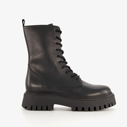 Leren veterboots met dikke zool zwart