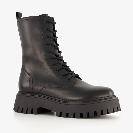 Leren veterboots met dikke zool zwart