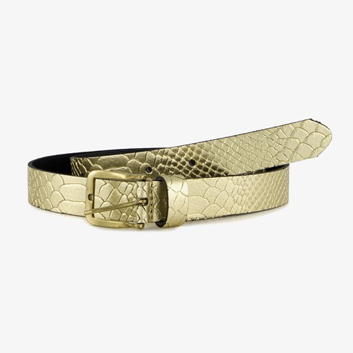 Leren dames riem met slangenprint goud