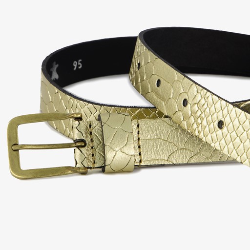 Leren dames riem met slangenprint goud