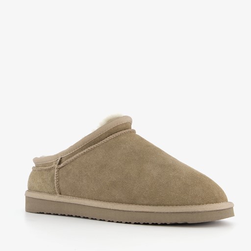 Gevoerde suede heren pantoffels taupe
