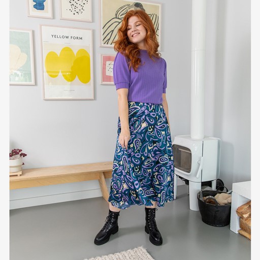 Dames midi rok met paisley print paars