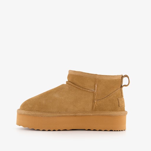 Suede dames enkellaarsjes cognac