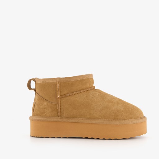 Suede dames enkellaarsjes cognac