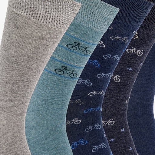 5 paar lange herensokken met fietsen blauw grijs