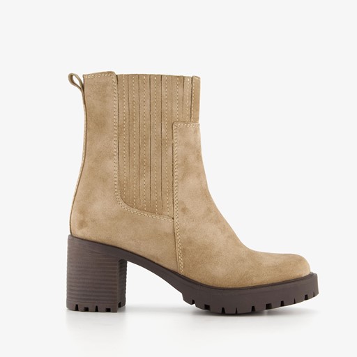 Suede dames enkellaarsjes met hak beige