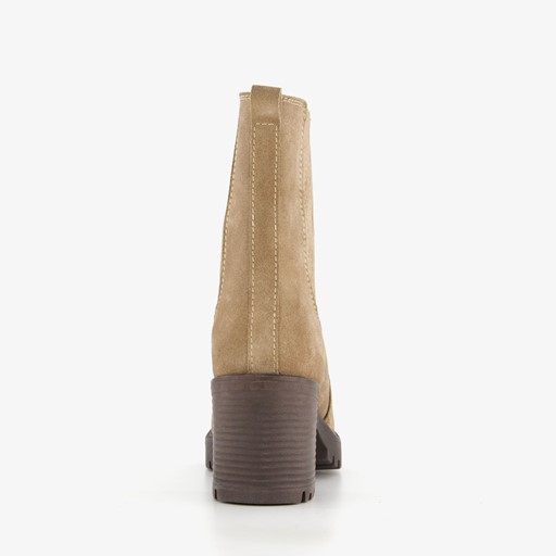 Suede dames enkellaarsjes met hak beige