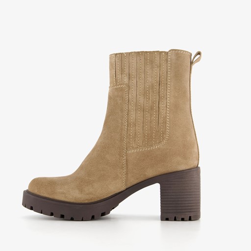 Suede dames enkellaarsjes met hak beige